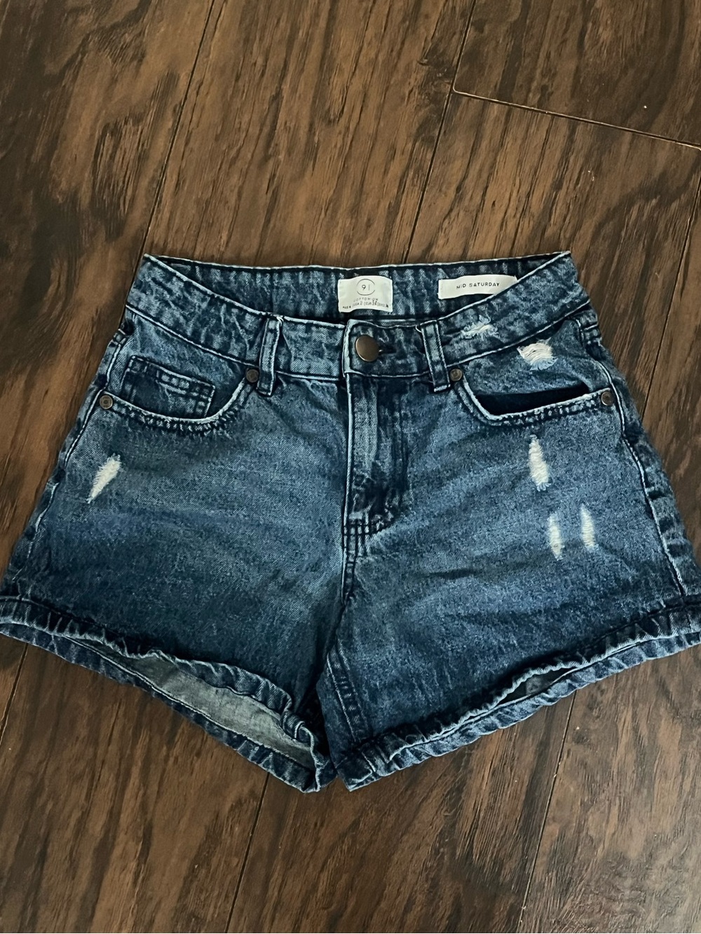 Cotton On Dark Blue Distressed High-Rise Denim Shorts